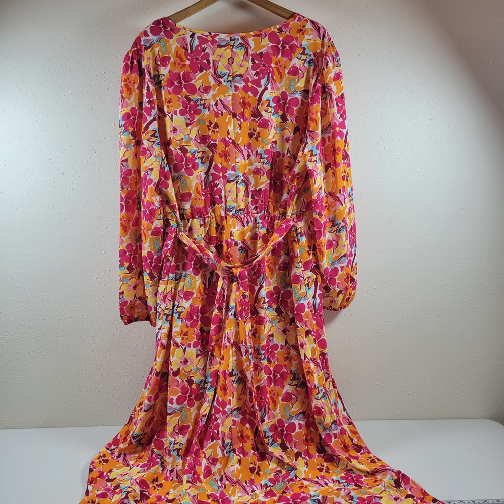 NWT Agnes Orinda Maxi Dress Womens 2X Pink Floral Long Sleeve V-Neck Tie Waist - Picture 2 of 10